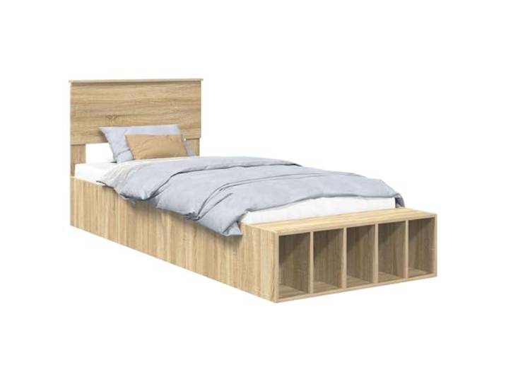 PUGYNBK Bettgestell mit Aufbewahrung, Sonoma-Eiche, 90 x 190 cm Holzbearbeitung, integrierte Schubladen, verstellbare Beine, Reinigung mit feuchtem Tuch