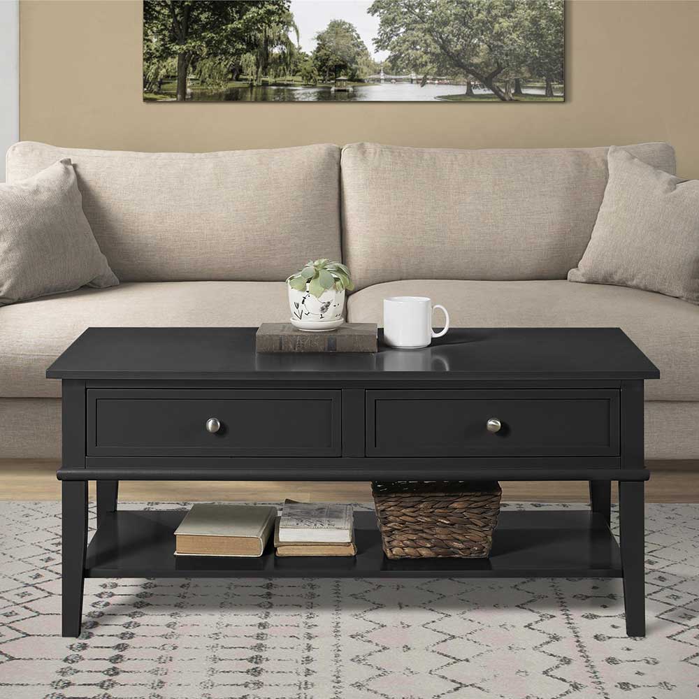 Pharao24.de Schwarzer Landhaus Couchtisch mit zwei Schubladen 105 cm breit