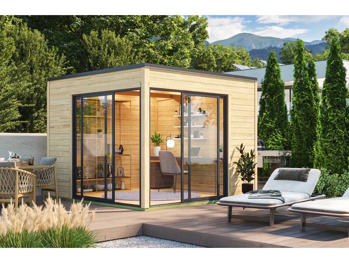 Gartenhaus NORDIC HOLZ Palermo 3 , beige (naturbelassen), Fußboden im Gartenhaus, ohne Dacheindeckung, Massivholz, Gartenhäuser, Gartenhaus, mit großen Glasflächen