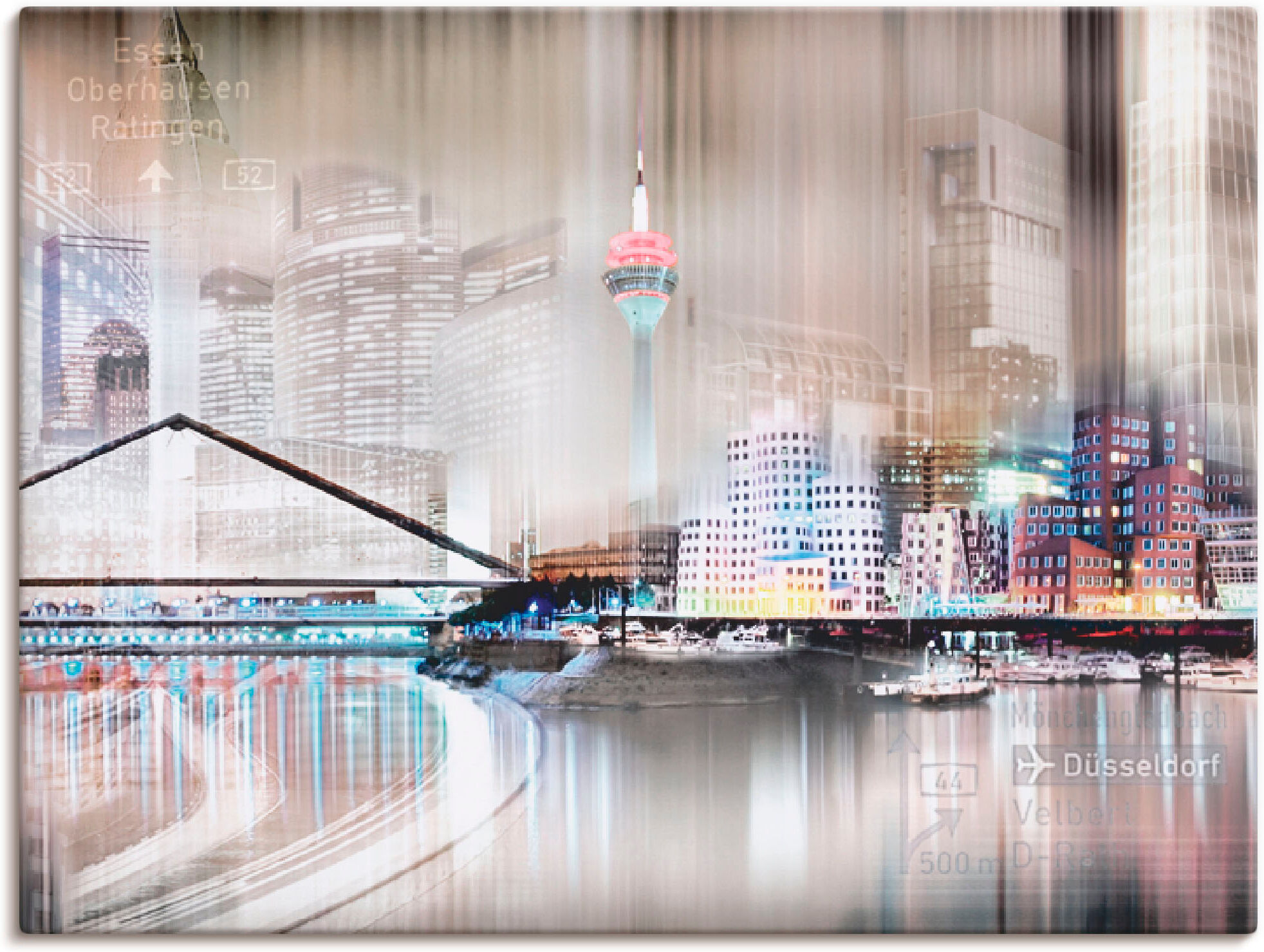Leinwandbild ARTLAND "Düsseldorf Skyline Collage IV", grau (farbe bild(er): grau), B:40cm H:30cm, Bilder, Leinwandbild, auf Holzrahmen gespannt farbe bild(er): grau B/H/T: 40cm x 30cm, Leinwandbild Deutschland, 1 Stk.
