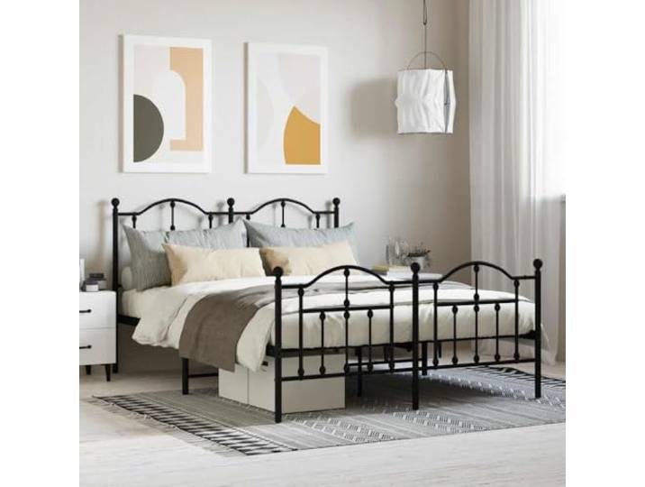 RJPLMFV Bettgestell, Metall, Schwarz, 140 x 190 cm Pulverbeschichteter Stahl, inklusive Lattenrosten, Stauraum unter dem Bett, Kopfteil zur Unterstützung des Rückens