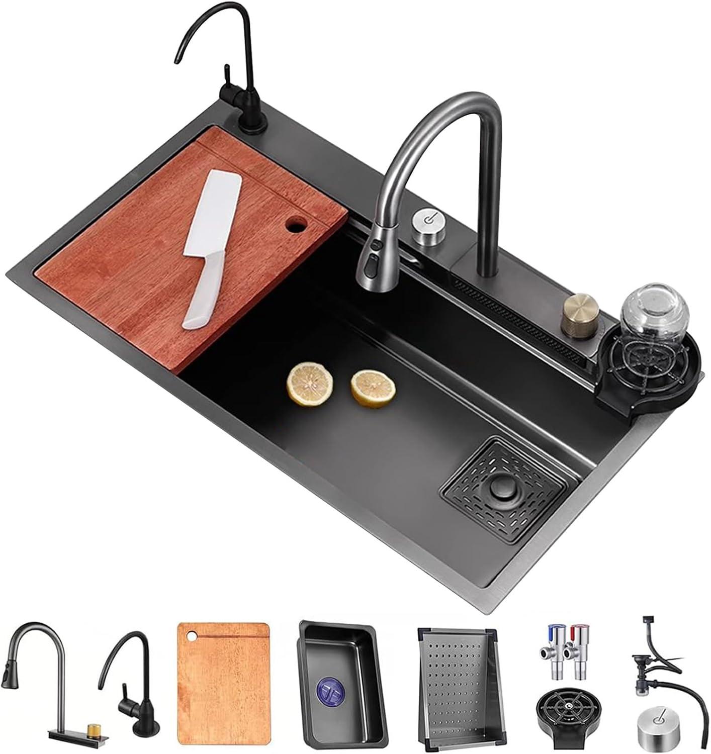 Drop In Küchenspüle, Gunmetal Grau Edelstahl Wasserfall Spüle, Mit Pull Down Sprühkopf Wasserhahn Einzelne Schüssel Spüle, Mit Mehreren Zubehör (Color: Black-grey, S: 68x45x21cm)