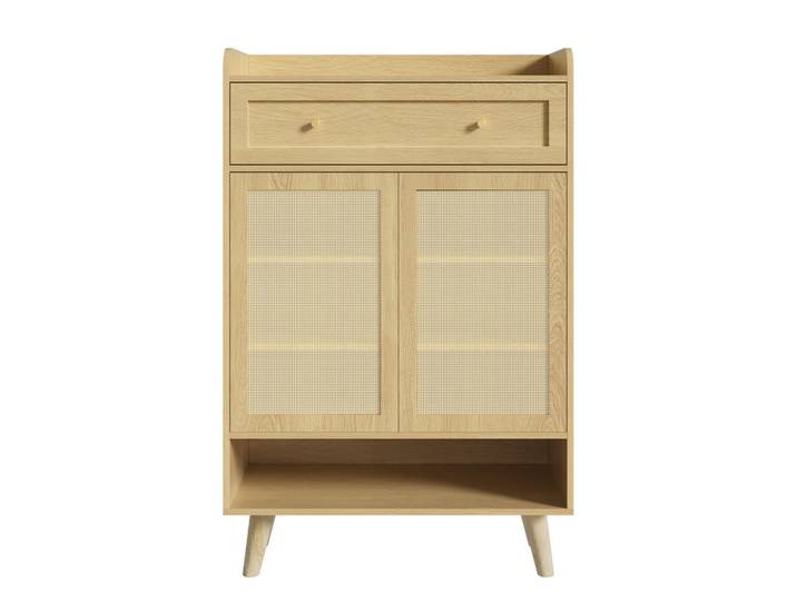 Flieks Schuhschrank Rattan 2 Türen 4 Regale Schublade 105cm Modern, Eichefarben, 80x105x35 cm, Garderobe, Schuhaufbewahrung, Schuhschränke