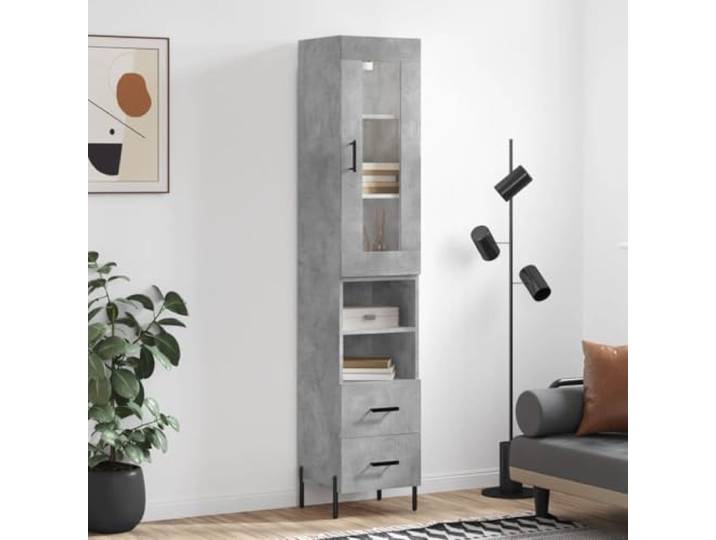 Elegantes Highboard mit Metallfüßen in Betongrau - Modernes Highboard mit Schiebetüren aus Holzwerkstoff - Weißes fürs Wohnzimmer mit viel Stauraum - Stabiles aus Holzwerkstoff