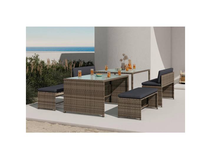 Ambia Garden Gartenset, Grau, 6-teilig, Füllung: Polyester,Polyester, Tische mit Glasplatte, Gartenmöbel, Gartengarnituren, Gartenmöbel-Sets
