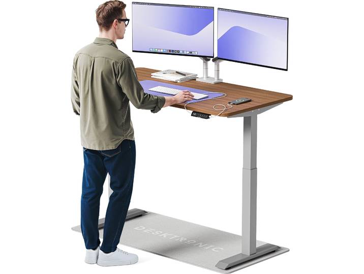 Desktronic HomeOne Bureau électrique réglable en hauteur 140x70cm gris/noyer avec fonction mémoire\, technologie anti-collision\, ports de charge USB-A et USB-C