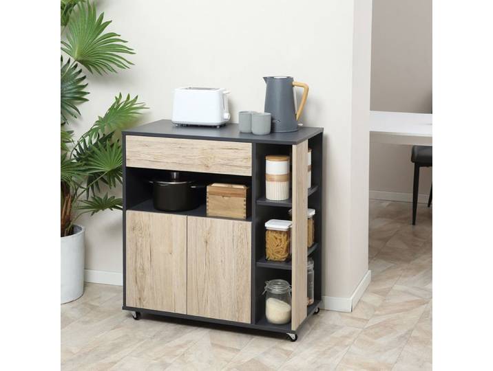 Desserte de cuisine multiusage 80x39x86 5 cm bois et noir avec tiroir armoire étagère et 4 roues