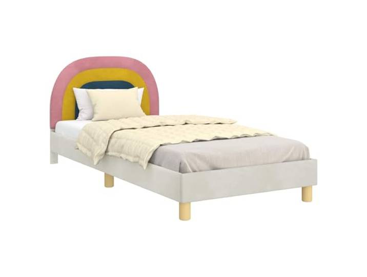 PUGYNBK Kinderbett, 90 x 200 cm, cremefarbener Samt, mit Kopfteil Lattenrost, robustes Holz, einfache Reinigung, feuchtes Tuch