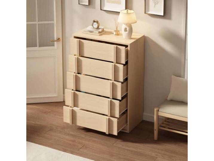 GarveeMore 5-Schubladen-Kommode aus Holz – Moderne hohe Kommode mit vertikalem Griff in Naturholzoptik