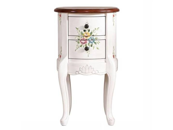 SilkRZlsss Runder Massivholz-Beistelltisch im Vintage-Stil 2-Schubladen-Akzentmöbel, Handbemalte Blumenornamente, Nachttisch Für Wohnzimmer Schlafzimmer(#A)