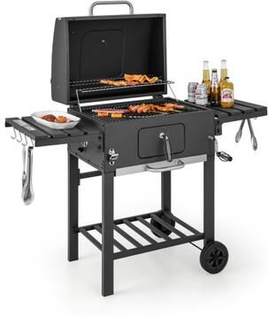 Costway Outdoor BBQ Charcoal Grill with 2 Foldable Side Table and Wheels