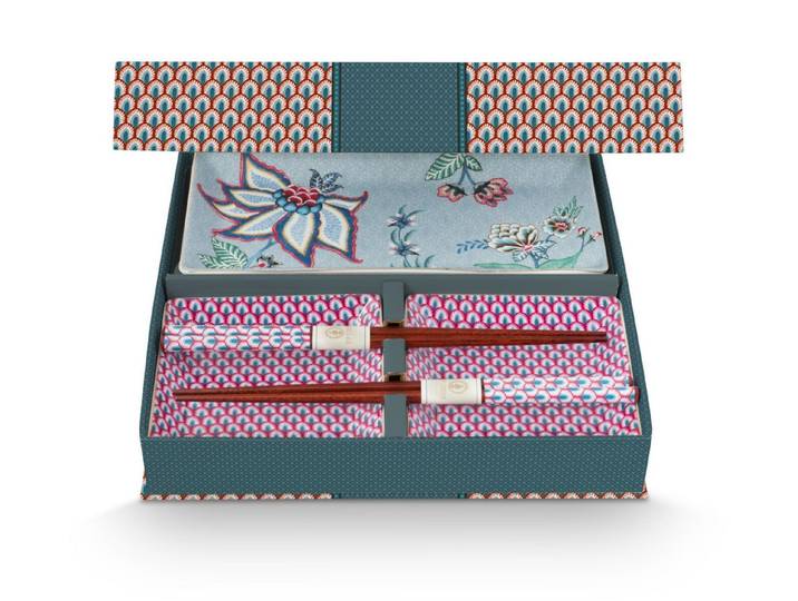 PiP Studio Geschirr-Set Flower Festival Oriental Geschenkset quadratisch blau 6tlg, Porzellan, Giftset Square Oriental Flower Festival Blue