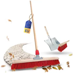 Straßenbesen Holzstiel 60 cm Set I Besen und Kehrblech Handfeger I Elaston rot I mit Gewinde I Gartenbesen Hofbesen Besen mit Stiel draußen Besen Terrasse Außenbesen
