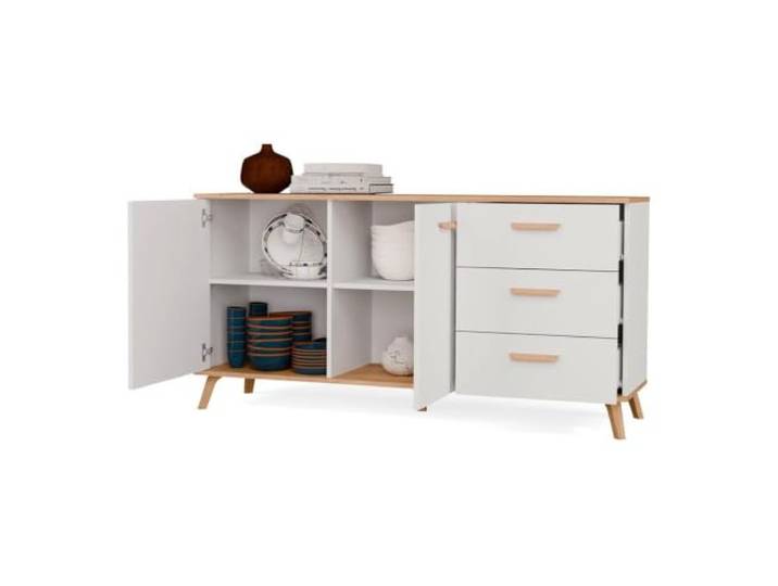 Ibonto Kommode 150 cm Weiß Eiche mit 2 Türen und 3 Schubladen, skandinavisches Sideboard