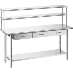 VEVOR Gastronomie Arbeitstisch 1829 x 610 x 1400 mm, Edelstahltisch mit Grundboden & 3 Schubladen & Doppelaufsatzbord, Gewerblicher Vorbereitungstisch Werkbank für Restaurant Garage Küchentisch