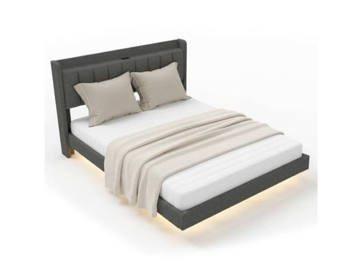 Home Deluxe LED Bett – 160 x 200 cm, Dunkelgrau Polsterbett mit Beleuchtung, USB-A&C Ladestation, Stauraum & Matratze für modernen Schlafkomfort