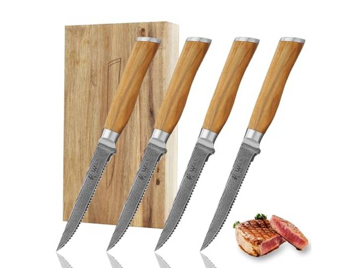 Wakoli Olive HS Steakmesser-Set 4-teilig, Sägeschliff, 67 Lagen Damaststahl 4 Klingen à 12,5 cm mit einseitigem Sägeschliff, VG10-Kern, 60 ± 2 HRC und Olivenholzgriffen in Holzbox für Steak und Braten