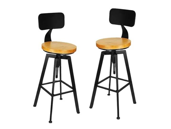 Barhocker 2er Set mit Rückenlehne, höhenverstellbar 64-84 cm, Holz & Metall, Retro Industrial Küchenhocker für Bar, Esszimmer & Home Bar, stabil & bequem