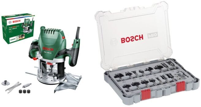 Set Bosch Oberfräse Holzfräse POF 1200 AE + Fräser-Set 8-mm-Schaft 15-teilig