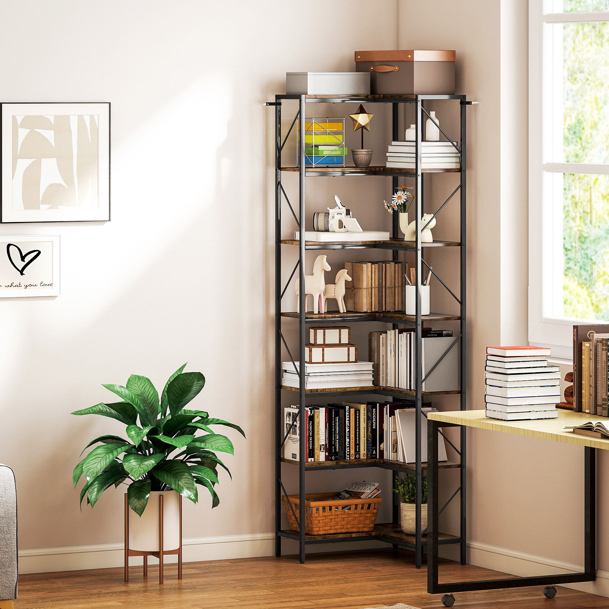 Altro Libreria Angolare Industriale A 7 Livelli, In Legno E Acciaio, 60x60x198 Cm, Marrone Rustico