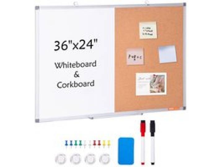 VEVOR Combo Tableau Blanc et Tableau en Liège 90x60 cm, Tableau d'Affichage Magnétique Effaçable à Sec, avec Cadre en Aluminium, Montage Mural, pour Épingler Mémo Notes Photos Bureau Maison École