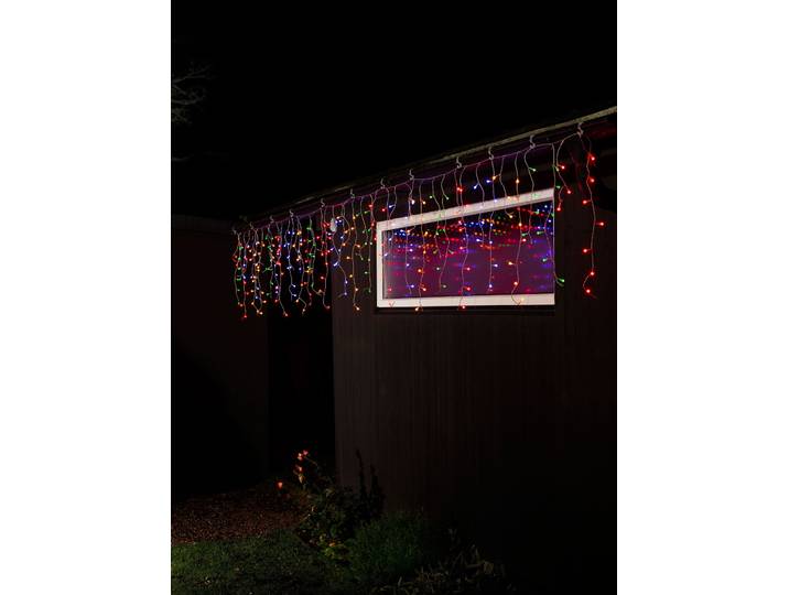 KONSTSMIDE LED-Lichtervorhang, transparent, Dioden 400 Stk. Flammen 400 Stk., Gesamtlänge 20,27m, Lichterketten, LED Eisregen Lichtervorhang, mit bunten Globes, 400 bunte Dioden, LED-Lichtervorhang