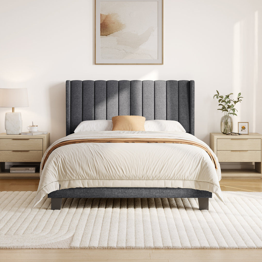 Yaheetech Upholstered Bed Frame with Channel Tufted Headboard Linen Fabric/Dark Grey Kingsize (5')
