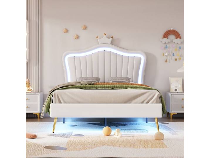 Lit enfant Lit d'enfant Lit 90x200 cm cadre de lit en cuir PU blanc avec lampes LED Lit capitonné
