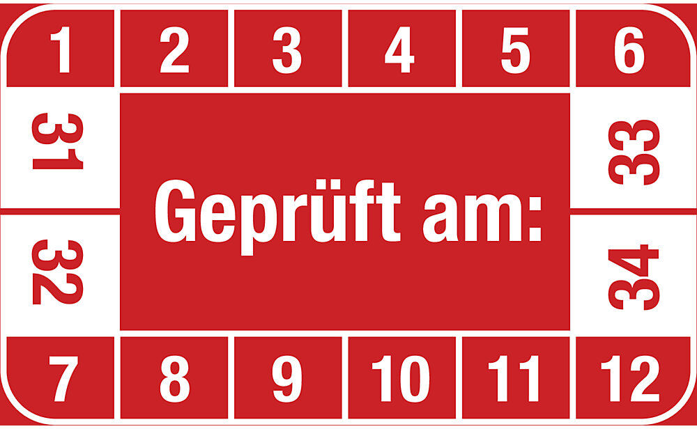 kaiserkraft Mehrjahresplakette, Geprüft am, LxH 40 x 25 mm, VE 10 Stk, rot, 31 - 34