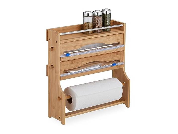 Relaxdays Distributeur Mural\, Papier alu\, Film Alimentaire\, essuietout\, épices\, Bambou\, HxLxP: 40x40x11\,5 cm\, Nature