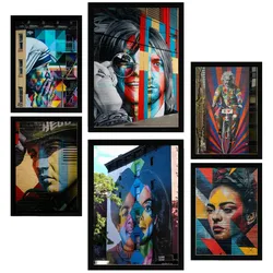 POSTER Set Mit 6 Graffiti Straßenkunst Nirvana Jopplin Frida Presley A3 & A4 Schwarzer Rahmen