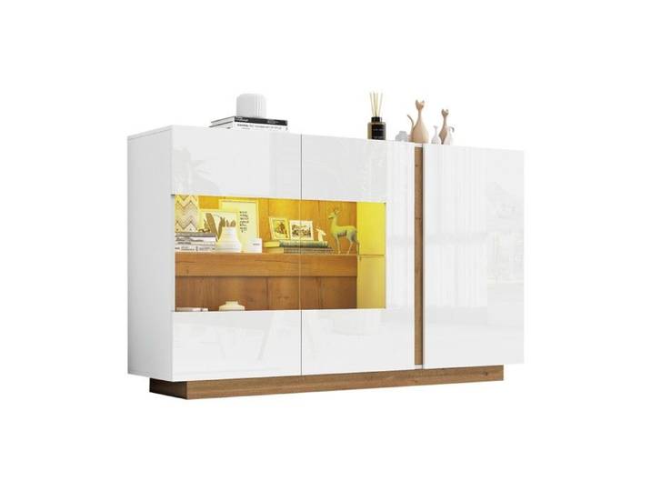 Buffet Commode Panneau Latéral Haute Brillance Blanc Verre Base Bois Armoire Couloir 138x38x90 5cm