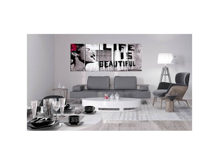 Wandbild Life is Beautiful Banksy Holzwerkstoff & Textil Schwarz/Weiß 200 x 80cm