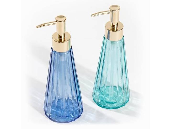 Relaxdays Distributeur de Savon\, Lot de 2\, 320 ML\, Verre\, Vert/Bleu rechargeable\, bain et cuisine