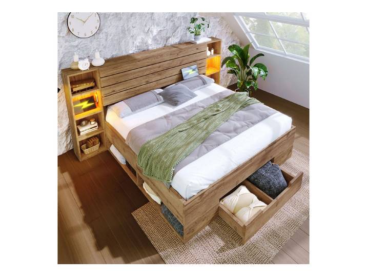 REDOM Holzbett Inklusive integrierter Schubladen für zusätzlichen Stauraum (Struraumbett, Doppelbett Funktionsbett, 1-tlg., Doppelbett 180x200 cm mit LED-Beleuchtung & USB/Type-C), Ein durchdachtes Funktionsbett für Ihr Schlafzimmer(Ohne Matratze)