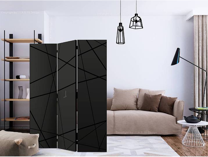 Paravent Dark Intersection Akustik Vlies auf Kiefer Massiv Schwarz 135 x 172cm