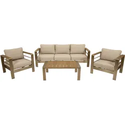 Lounge Set  CANNES, Aluminium gebürstet + Kunstholz natur, Polster hellgrau