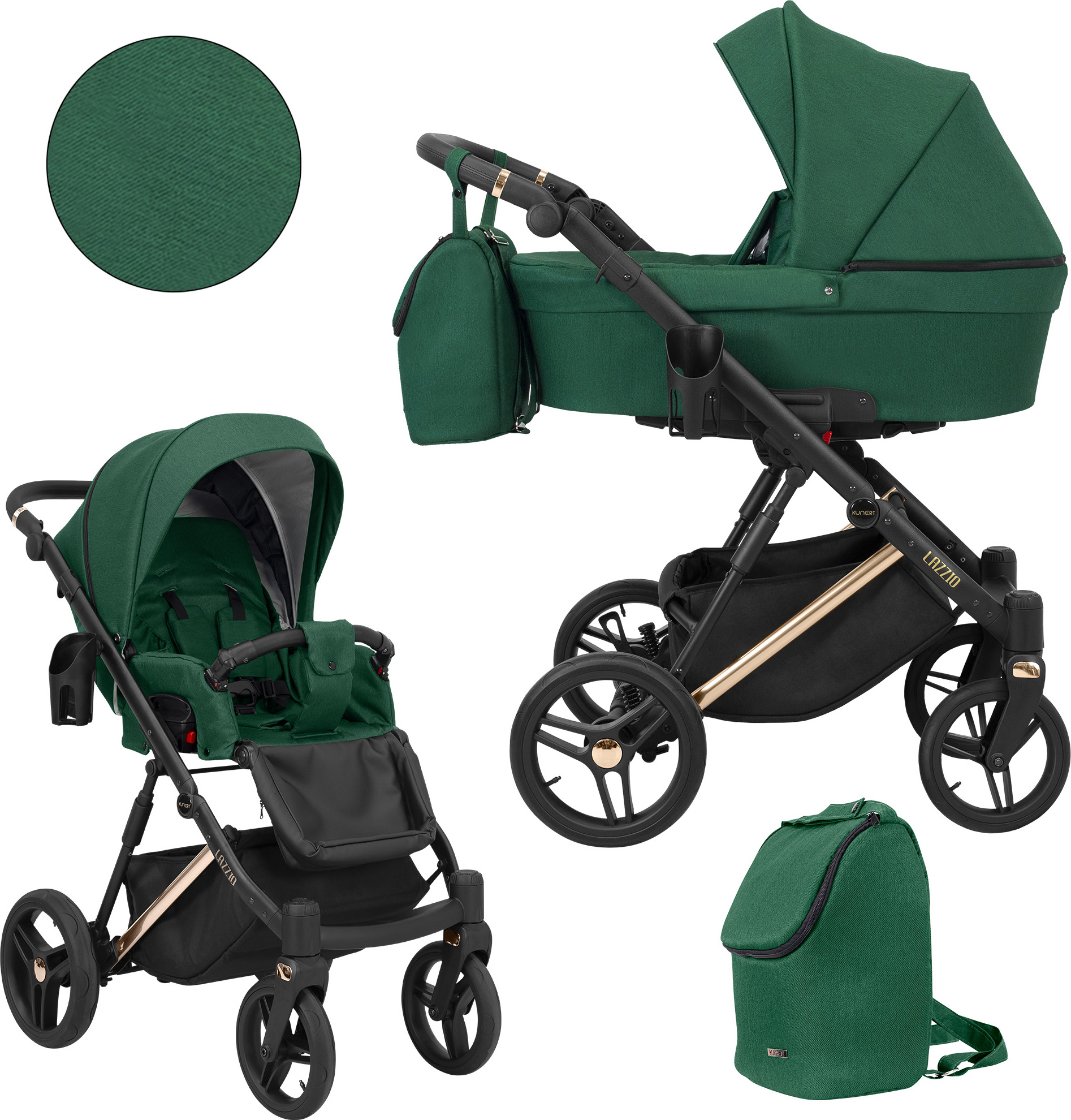 Kinderwagen LAZZIO PREMIUM Sportwagen Babywagen Babyschale Komplettset Kinder Wagen Set 2 in 1 (grün, Rahmenfarbe: Kupfer)