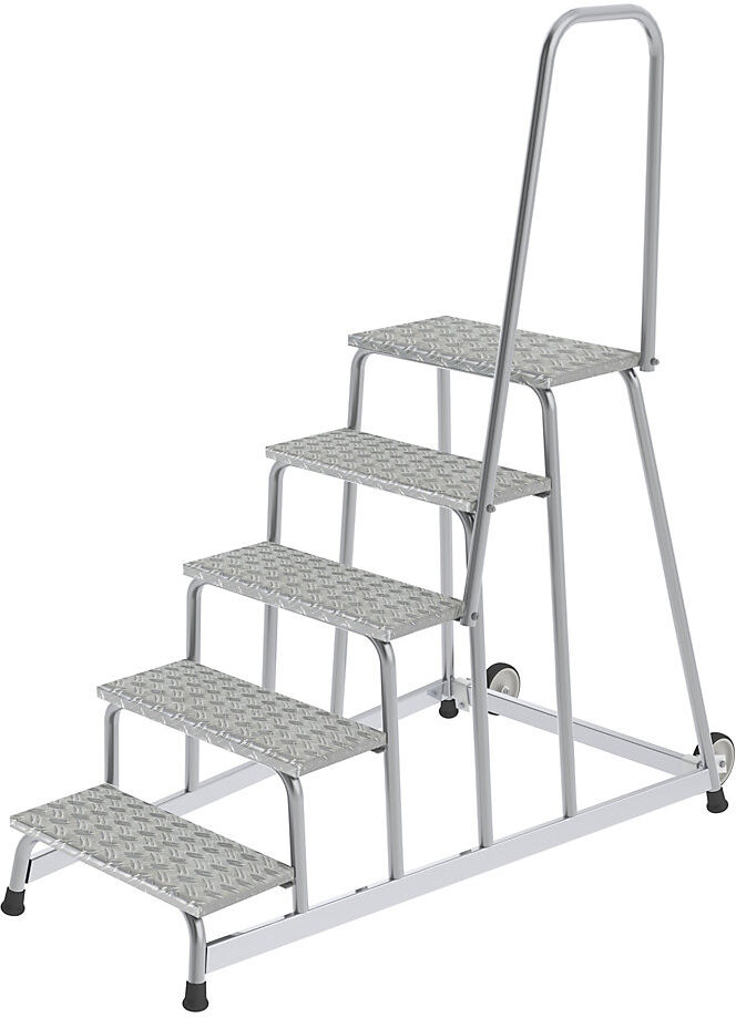 Montagetritt, mobil, 2 Bockrollen, Handlauf einseitig, 5 Stufen, BxT 840 x 1390 mm MUNK
