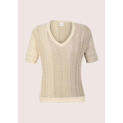 Longpullover MADELEINE "Strickpullover Ajourshirt mit Glanzeffekt", Damen, Gr. 44/46, weiß (perlweiß, cappuccino), Obermaterial: 76% Baumwolle CO. 19% Viskose CV. 5% metallisierte Fasern MTF., Modern, V-Ausschnitt, Pullover Longpullover, Dezentes...