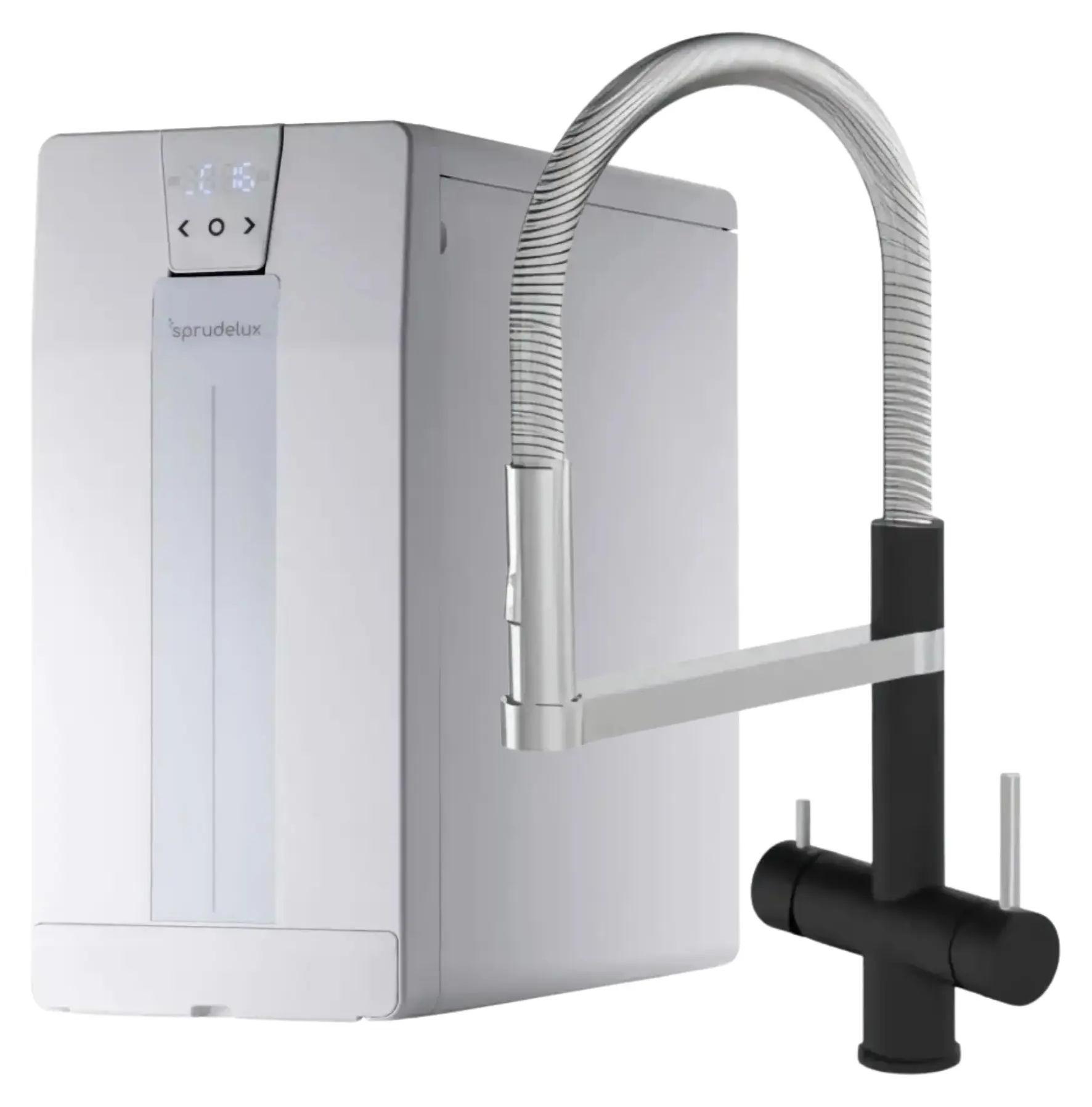SPRUDELUX POWER SODA Sprudel-Wasserhahn - Untertisch Tafelwassergerät mit Wasserfilter FT-Line 3, gekühlt & sprudelnd - Statement Schwarz, 2 kg CO₂
