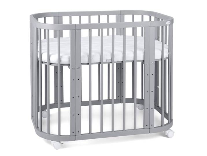 waldin Babybett 5in1, Beistellbett aus Holz, Matratze, Belüftet, Grau Belüftet, Boden 5-fach verstellbar, Mitwachsend, Wiegefunktion optional