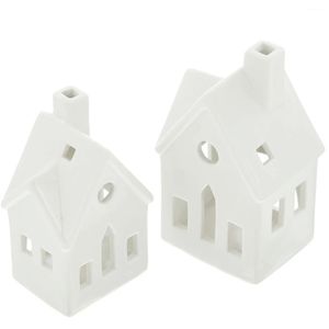 Frank-Flechtwaren Weihnachtsdeko 225437, Winterhaus, 2 Stück, Teelichthalter aus Porzellan, 8 x 13 cm & 9,5 x 15 cm