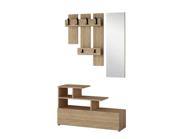 MESTY - Meuble d'entrée effet bois avec porte manteau rangement et miroir