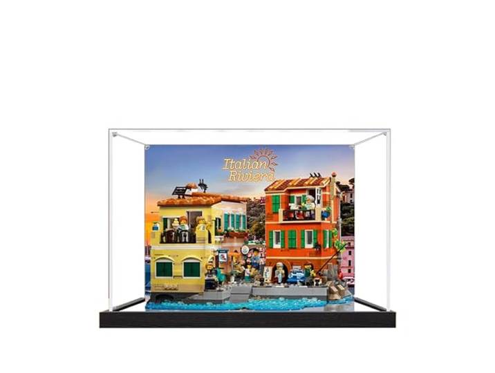 Acryl-Vitrine für Lego 21359 italienisches Riviera-Stadtmodell, 3 mm staubdichte Schaukasten, Vitrine kompatibel mit Lego 21359 (Modell nicht im Lieferumfang enthalten) (Hintergrund schwarzer Sockel +