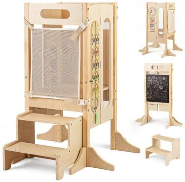 Costway Foldable Toddler Tower with 2-Step Stool and Safety Net for 3+ Years Old