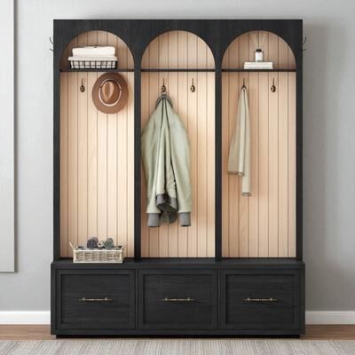 Fundinbaths "Farmhouse Hall Tree with Arched Back, 59"" Wide Bench, 8 Hooks, 3 Drawers, Rustic Coat and Shoe Organizer"
