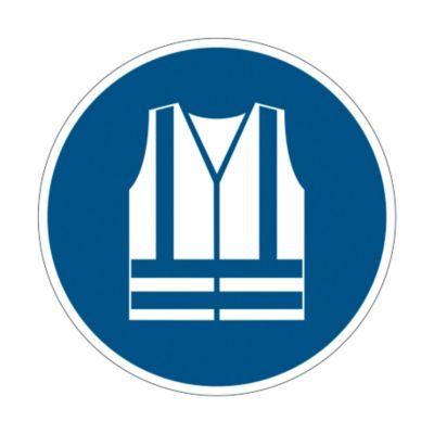 Hinweisschild Durable, rund, für den Innenbereich, Motiv „Warnweste benutzen“, EN ISO 7010, selbstklebend, blau-weiß, 1 Stück