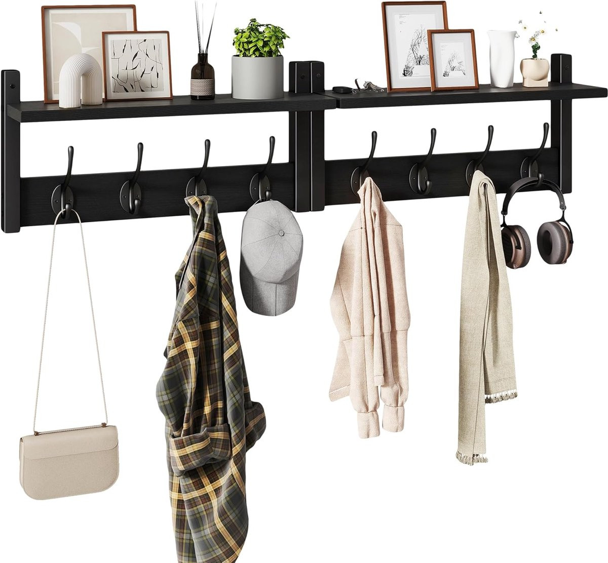 Thijox Wandgarderobe met Plank Set van 2, Zwart, 8 Dubbele Haken