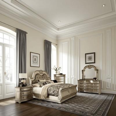 Benjara Caitlin Four Pc Queen Bedroom Set, Tufted Faux Leather Headboard, Marble Tops, Silver
